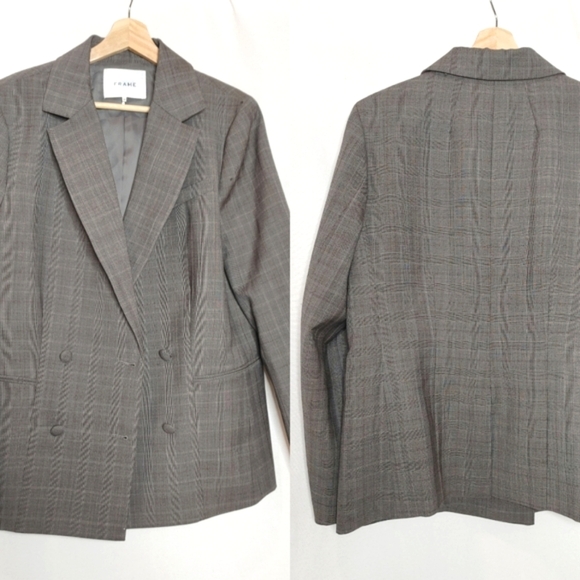 Frame Plaid Double Breasted‎ Blazer Wool Gray Tan Multi 10 Menswear Relaxed Fit - Picture 1 of 13